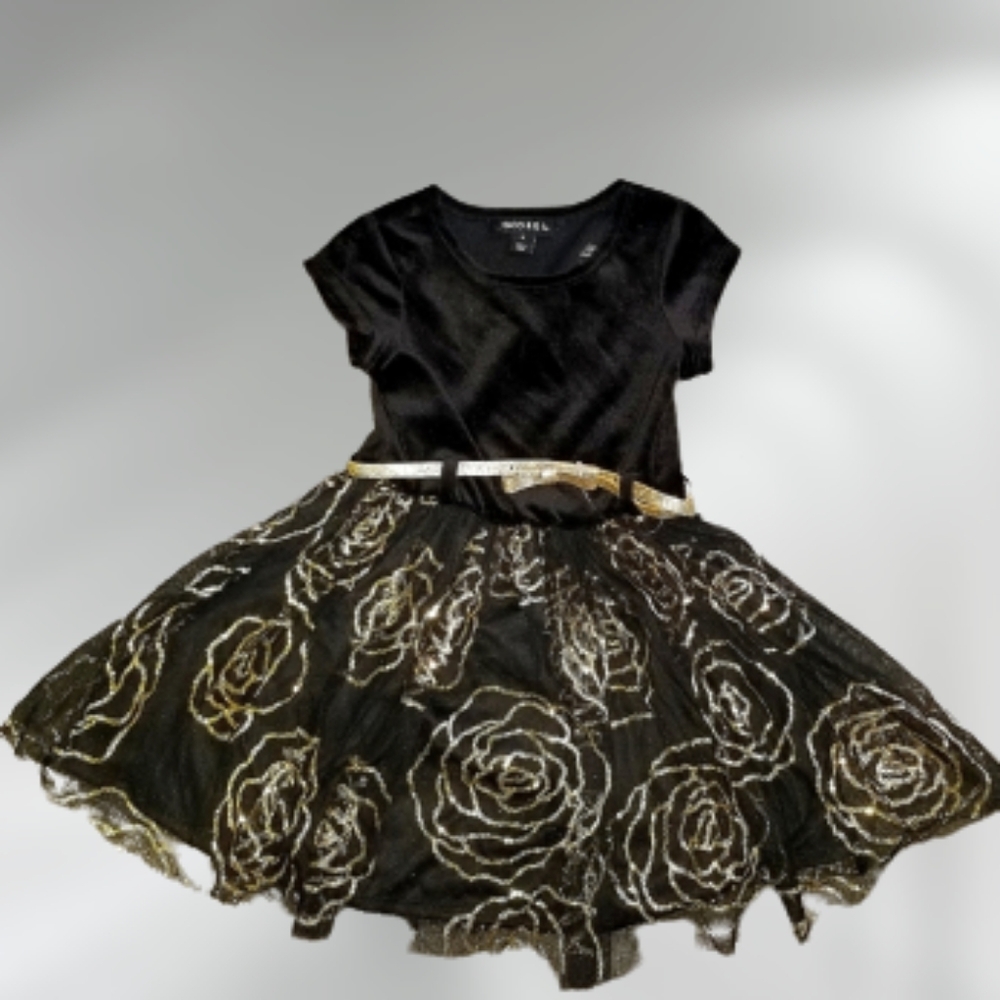BRAND NEW Toddler black dress w/gold shimmering roses belted dress size 4 - Picture 1 of 4
